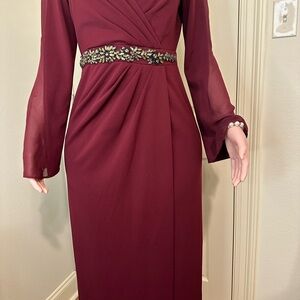 Adrianna Papell Burgundy Long Sleeve Dress with Embellished Waist